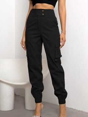 High-Waist Black Cargo Jogger Pants